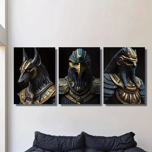 3pcs Egyptian Mythology Golden Pharaoh & Anubis Art Metal Print Ready to Hang Art
