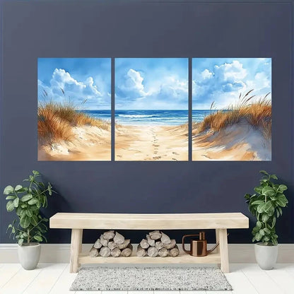3pcs Sand Beach Painting Seascape Watercolor Metal Print Ready to Hang Art - Bella Home Decor