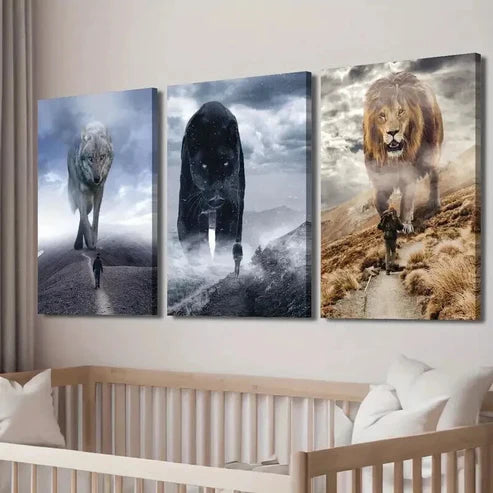 3pcs Giant Wolf Black Panther Lion & Tiny Human Wall Art Canvas Unframed - High Quality Print 100% Australian Made Wall Canvas - Bella Home Decor