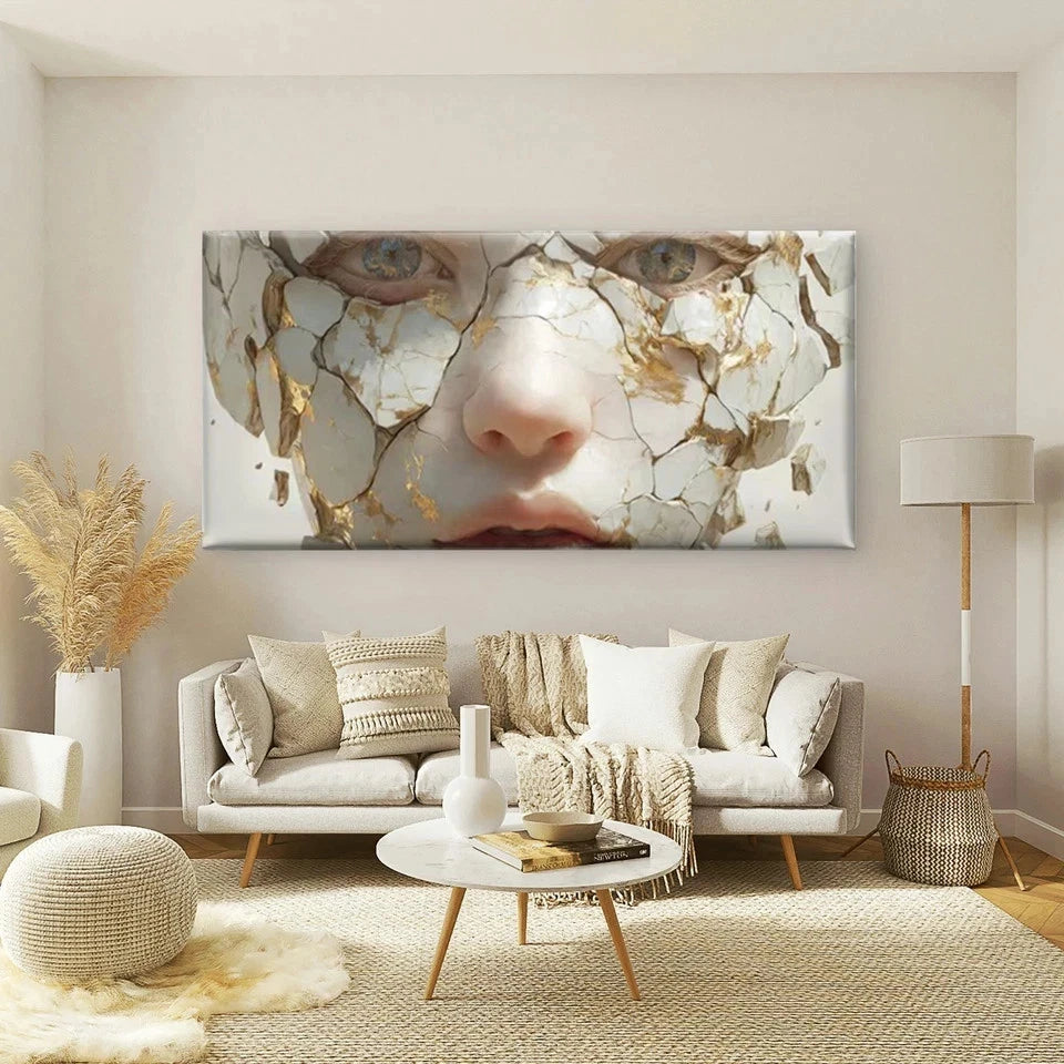 Abstract Golden & Cracked Face Wall Art Canvas Office Home Room Framed 120x60cm