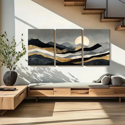 3pcs Abstract Landscape Art Golden Mountains Metal Print Ready to Hang Art - Bella Home Decor