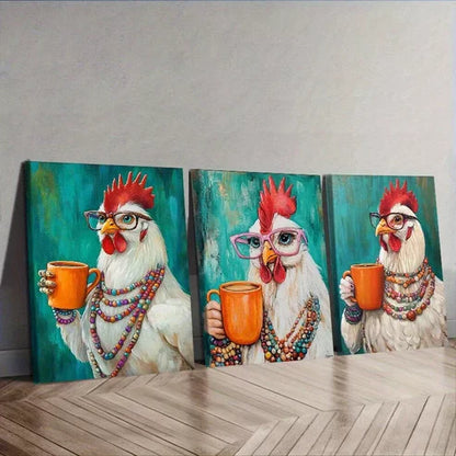 3pcs Hens Wear Glasses To Drink Water Wall Art Set Wall Art Canvas Unframed - High Quality Print 100% Australian Made Wall Canvas
