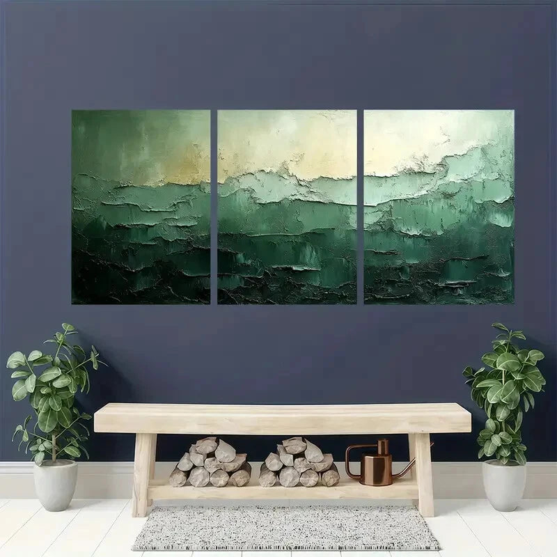 3pcs Green Abstract Minimalist Wabi Sabi Textured Metal Print Ready to Hang Art - Bella Home Decor