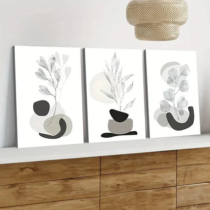 3pcs Beige Gray Liner Florals Leaves Black Stone Wall Art Canvas Unframed - High Quality Print 100% Australian Made Wall Canvas - Bella Home Decor