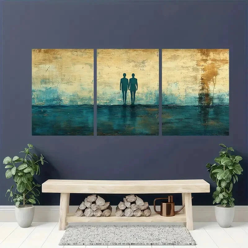 3pcs Cyan & Beige Silhouettes of Figures Metal Print Ready to Hang Art - Bella Home Decor