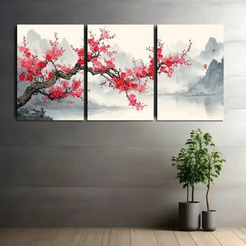 3pcs Plum Blossom Tree with Pink Flowers Metal Print Ready to Hang Art - Bella Home Decor