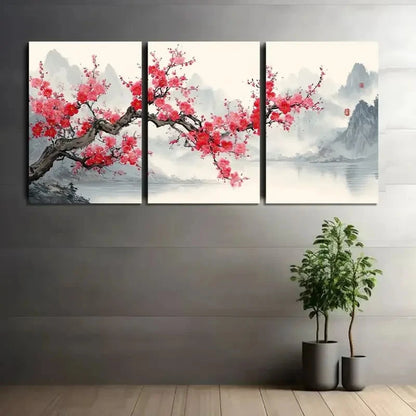 3pcs Plum Blossom Tree with Pink Flowers Metal Print Ready to Hang Art - Bella Home Decor