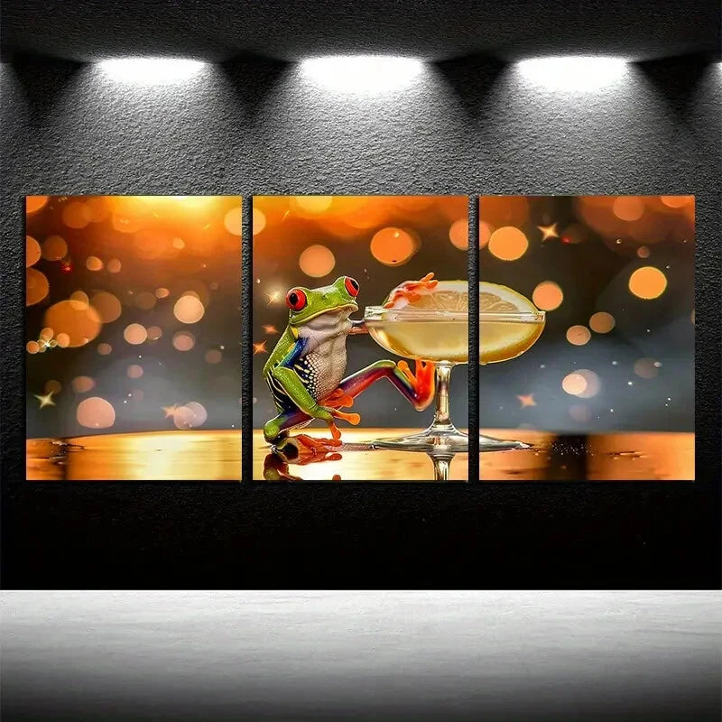3pcs Tropical Frog Cocktail Beach Themed Metal Print Ready to Hang Art - Bella Home Decor