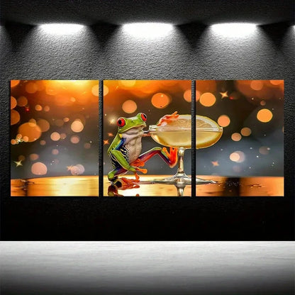 3pcs Tropical Frog Cocktail Beach Themed Metal Print Ready to Hang Art - Bella Home Decor