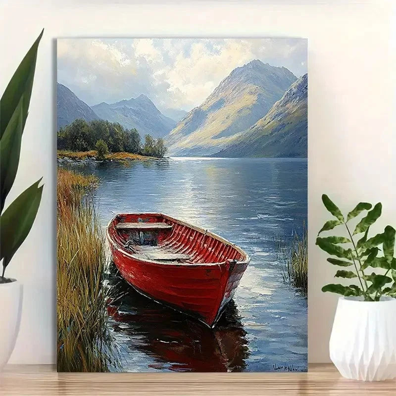 Beautiful Serene Lake & Red Boat Painting 40x60cm Metal Print Ready to Hang