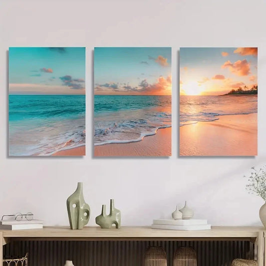 3pcs Sunrise Coast Beach Blue Sea Nordic Coast Metal Print Ready to Hang Art