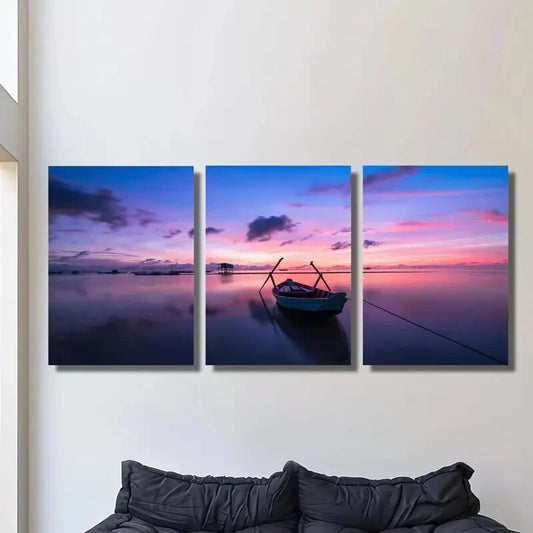 3pcs Ocean Environment Sunset Boat Cloud Purple Metal Print Ready to Hang Art
