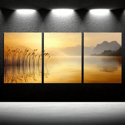 3pcs Vibrant Reeds by the lake Illustration Metal Print Ready to Hang Art - Bella Home Decor