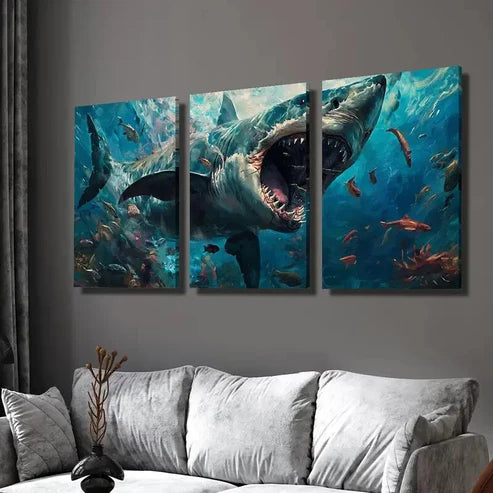 3pcs Great White Shark Canvas Animal Wall Art Set Canvas Unframed - High Quality Print 100% Australian Made Wall Canvas