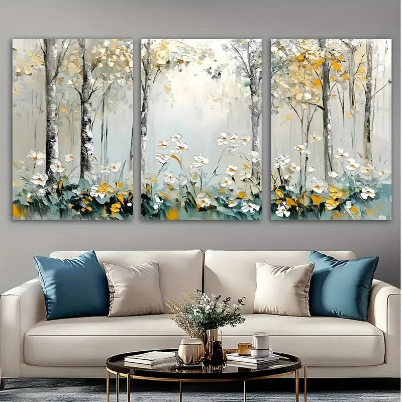 3pcs Abstract Forest White Flowers Metal Print Ready to Hang Art - Bella Home Decor