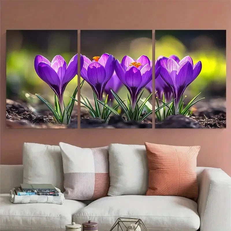 3pcs Vibrant Blooming Purple Crocus Illustration Metal Print Ready to Hang Art - Bella Home Decor