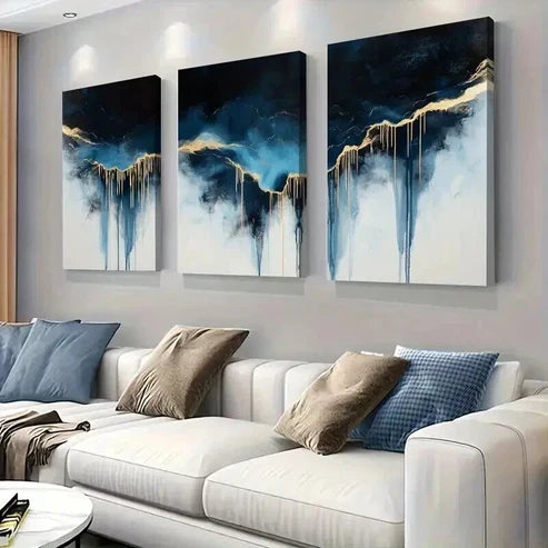 3pcs Abstract Blue & Golden Drip Painting Perfect Wall Art Canvas Unframed – High Quality Print 100% Australian Made Wall Canvas - Bella Home Decor