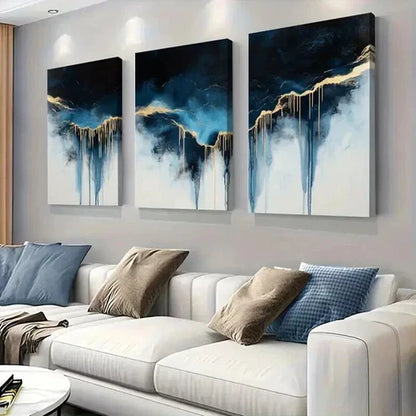 3pcs Abstract Blue & Golden Drip Painting Perfect Wall Art Canvas Unframed – High Quality Print 100% Australian Made Wall Canvas - Bella Home Decor