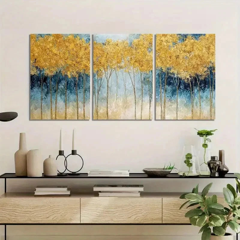 3pcs Golden Forest Landscape with Blue Accents Metal Print Ready to Hang Art - Bella Home Decor