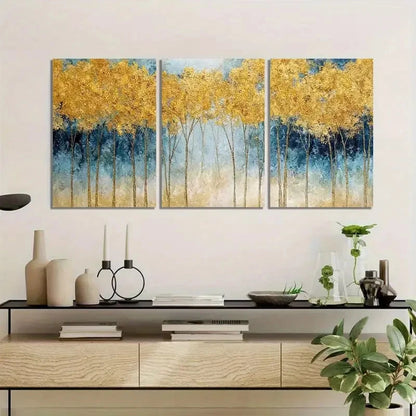 3pcs Golden Forest Landscape with Blue Accents Metal Print Ready to Hang Art - Bella Home Decor