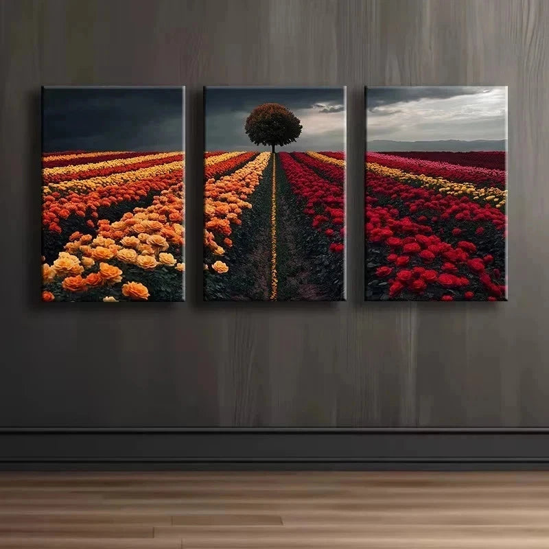 3pcs Charming Flower Fields Illustration Metal Print Ready to Hang Art - Bella Home Decor