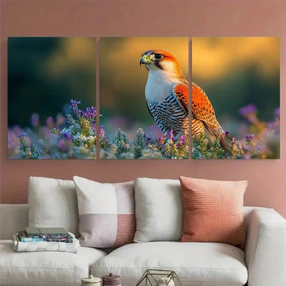 3pcs Red Footed Falcon in Grass Meadow with Floral Wall Art Set Canvas Framed 40x60cm - High Quality Print 100% Australian Made Wall Canvas Ready to Hang - Bella Home Decor