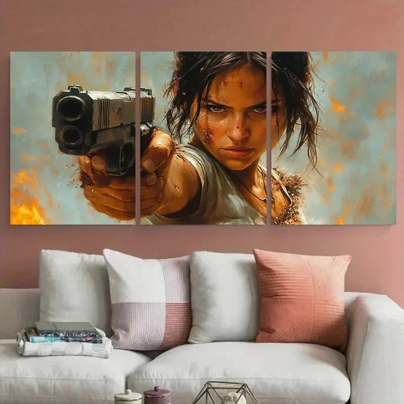 3pcs Strong Woman Fighter with Gun Destroyed Wall Art Set Canvas Framed 40x60cm - High Quality Print 100% Australian Made Wall Canvas Ready to Hang
