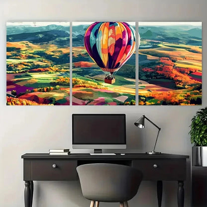 3pcs Vibrant Hot Air Balloon Landscape Over Hills Metal Print Ready to Hang Art