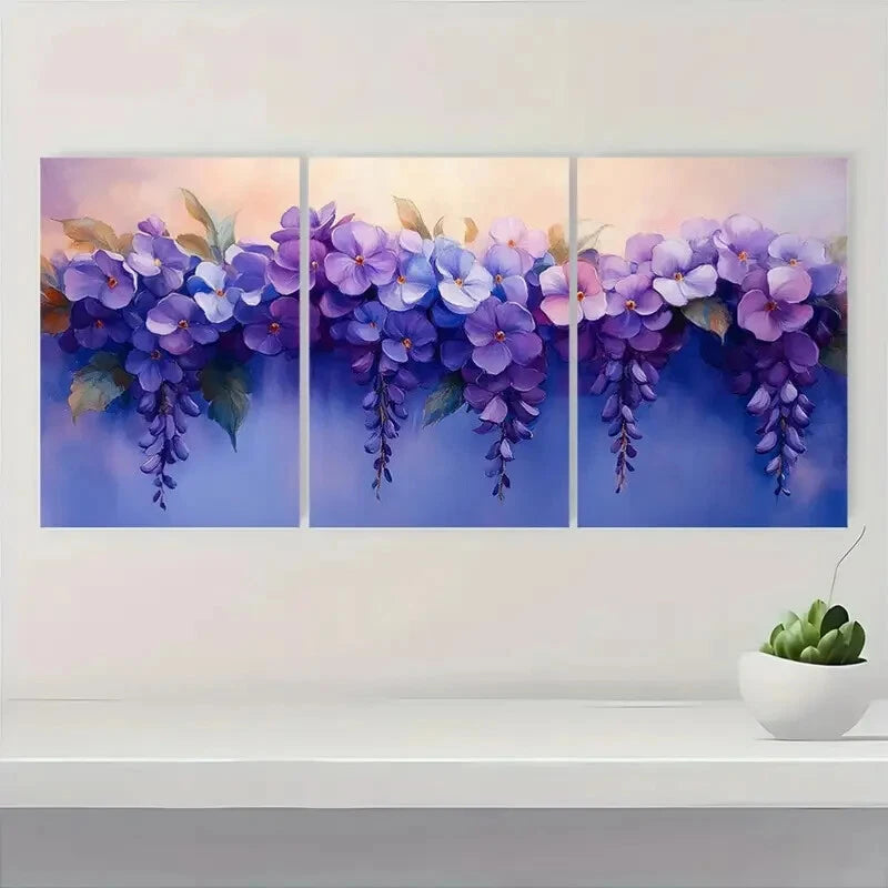 3pcs Elegant Purple Wisteria Floral Art Prints Metal Print Ready to Hang Art - Bella Home Decor