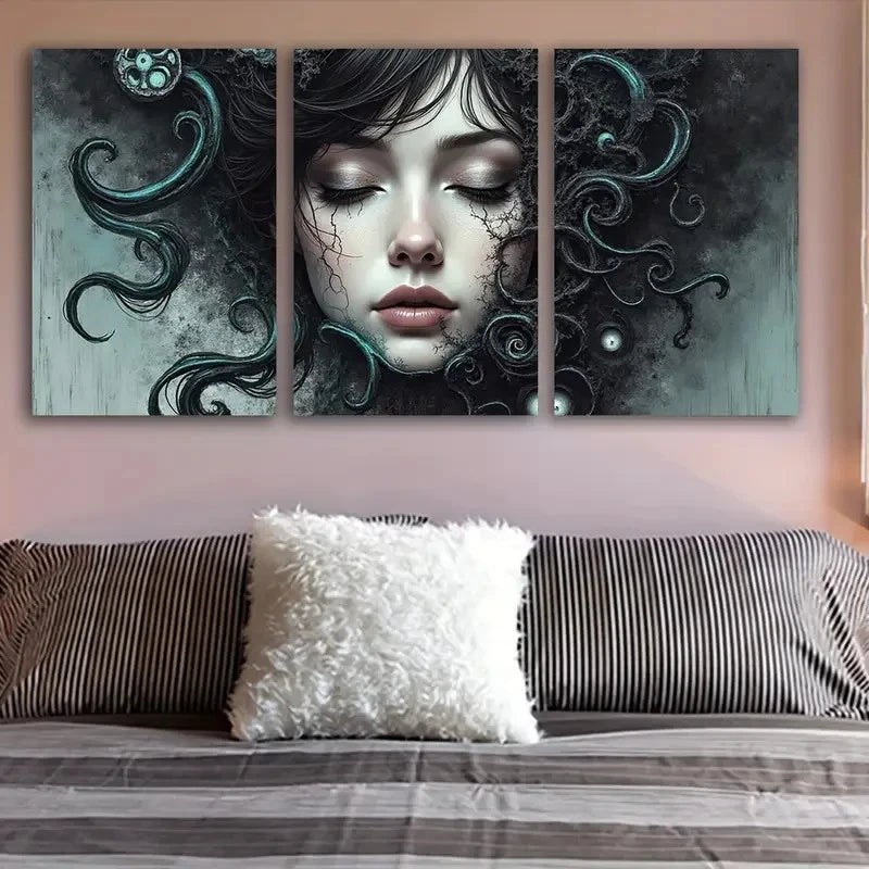 3pcs Long Woman Portrait With Teal Hair Wall Art Set Canvas Framed 40x60cm - High Quality Print 100% Australian Made Wall Canvas Ready to Hang