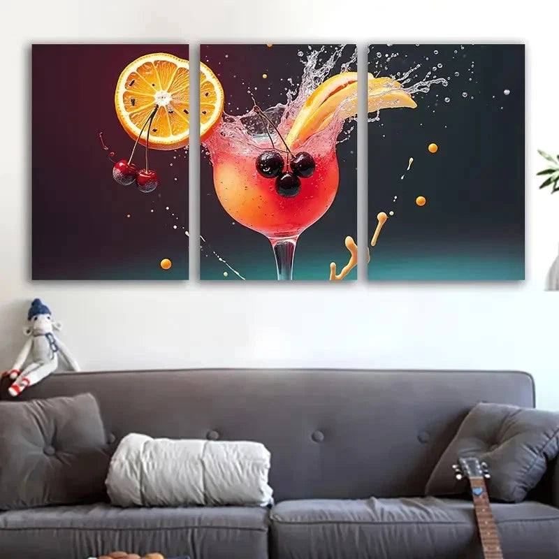 3pcs Orange Juice With Berries And Cherry Fruit Wall Art Set Canvas Framed 50x70cm - High Quality Print 100% Australian Made Wall Canvas Ready to Hang