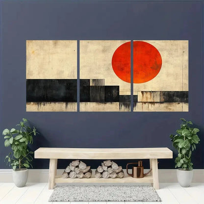 3pcs Black Orange Beige Geometric Design Metal Print Ready to Hang Art - Bella Home Decor