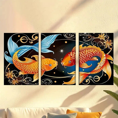 3pcs two Golden fish in black background Wall Art Set Canvas Framed 50x70cm - High Quality Print 100% Australian Made Wall Canvas Ready to Hang - Bella Home Decor