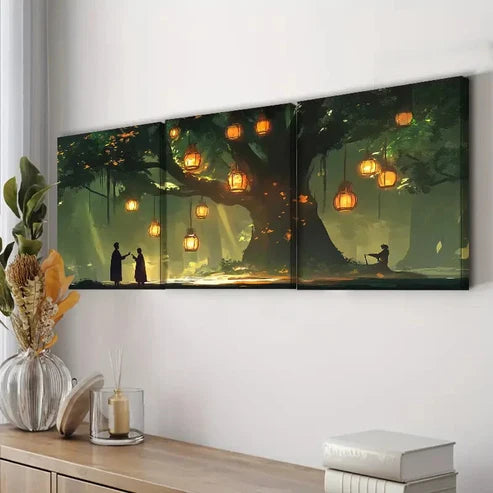 3pcs Lanterns & Old Tree Night Scene Waterproof Wall Art Set Canvas Unframed - High Quality Print 100% Australian Made Wall Canvas