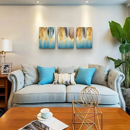 3pcs Golden Leaves Abstract Paintings Metal Print Ready to Hang Art
