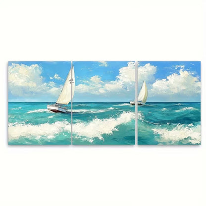 3pcs Seascape Painting of Sailboats Metal Print Ready to Hang Art