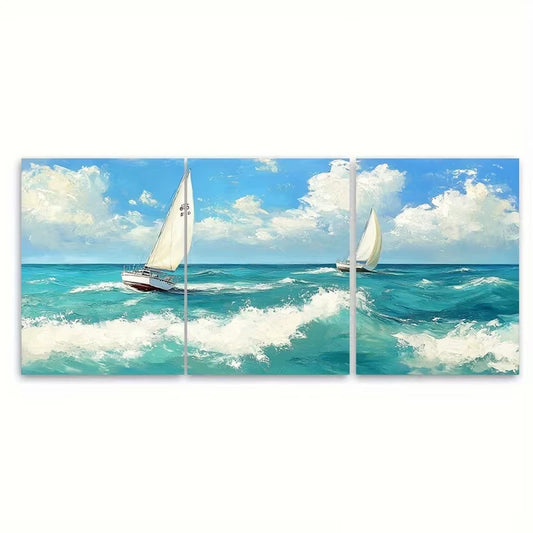 3pcs Seascape Painting of Sailboats Metal Print Ready to Hang Art