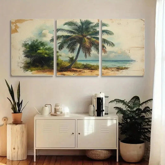 3pcs Vintage Botanical Palm Tree Metal Print Ready to Hang Art