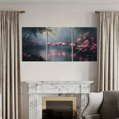 3pcs Artistic Flamingo Pond Pink Flowers Metal Print Ready to Hang Art - Bella Home Decor
