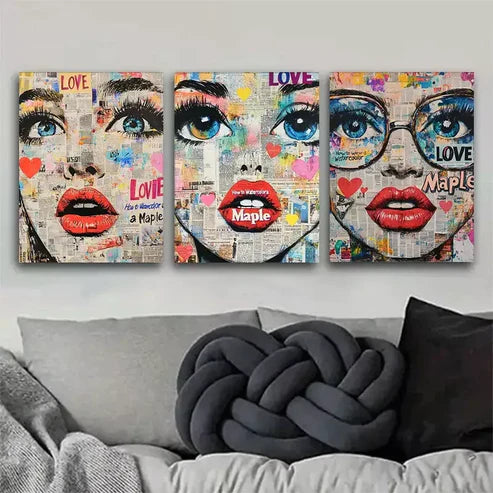 3pcs Pop-Art Style Female Face Triptych Wall Art Set Wall Art Canvas Unframed - High Quality Print 100% Australian Made Wall Canvas