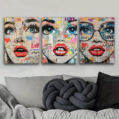 3pcs Pop-Art Style Female Face Triptych Wall Art Set Wall Art Canvas Unframed - High Quality Print 100% Australian Made Wall Canvas