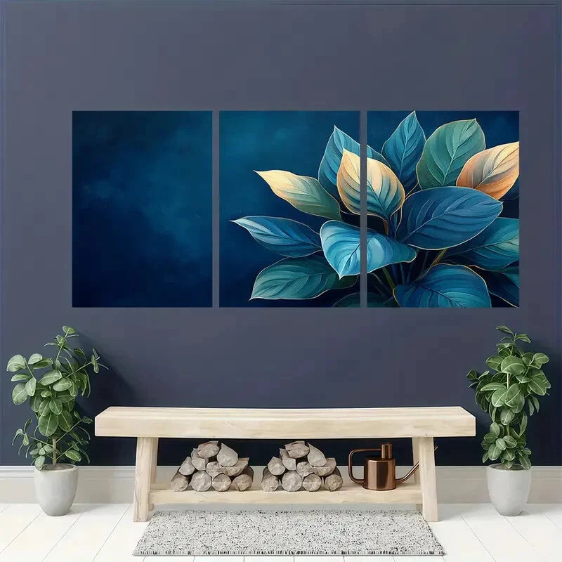 3pcs Vibrant Blue & Golden Calathea Plant Metal Print Ready to Hang Art - Bella Home Decor