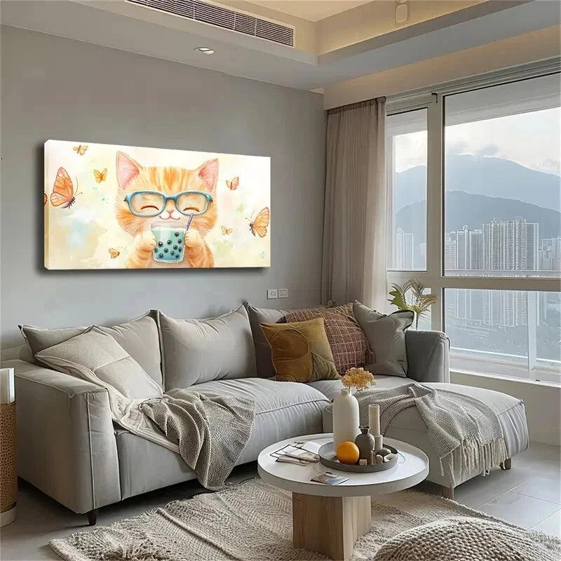 Brown Kitten Holding A Cup Wall Art Canvas Office Home Room Framed 120x60cm - Bella Home Decor