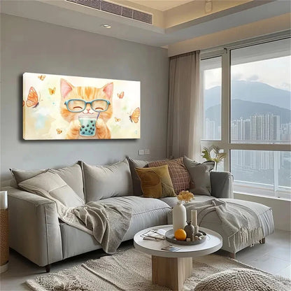 Brown Kitten Holding A Cup Wall Art Canvas Office Home Room Framed 120x60cm - Bella Home Decor