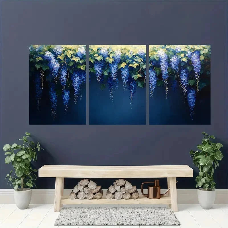 3pcs Wisteria Flower Blue & White Vine Design Metal Print Ready to Hang Art - Bella Home Decor