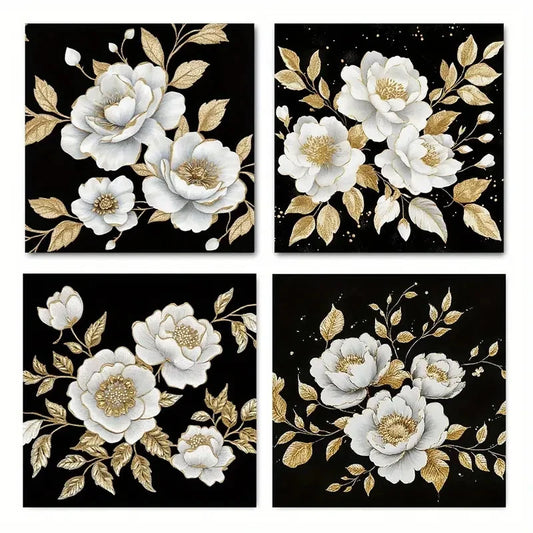 4pcswhite and Golden flowerWall Art Canvas Framed