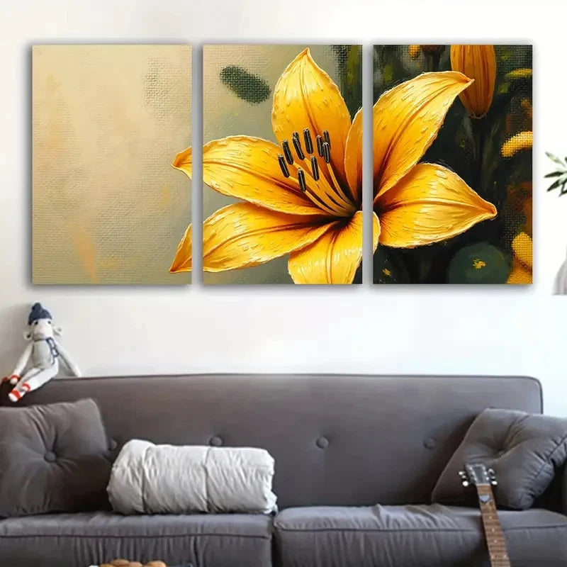 3pcs Vibrant Yellow Lily Floral Design Wall Art Set Canvas Framed 50x70cm - High Quality Print 100% Australian Made Wall Canvas Ready to Hang