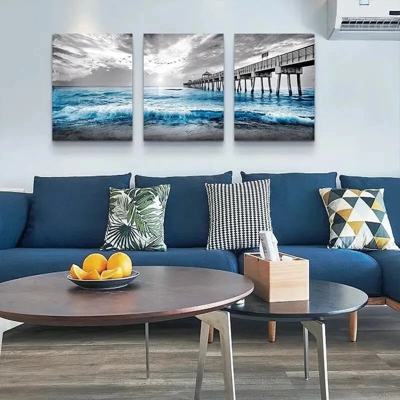 3pcs Black and White Ocean Waves Seagulls Sunset Metal Print Ready to Hang Art - Bella Home Decor