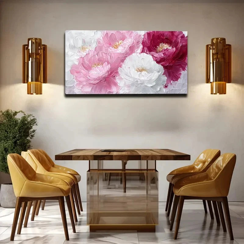 Dining room with wooden table and chairs, floral painting on the wall, and wall sconces.