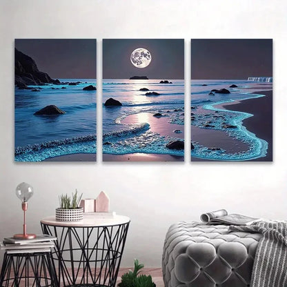 3pcs Moonlit Beach Scene With Glowing Waves Wall Art Set Canvas Framed 50x70cm - High Quality Print 100% Australian Made Wall Canvas Ready to Hang
